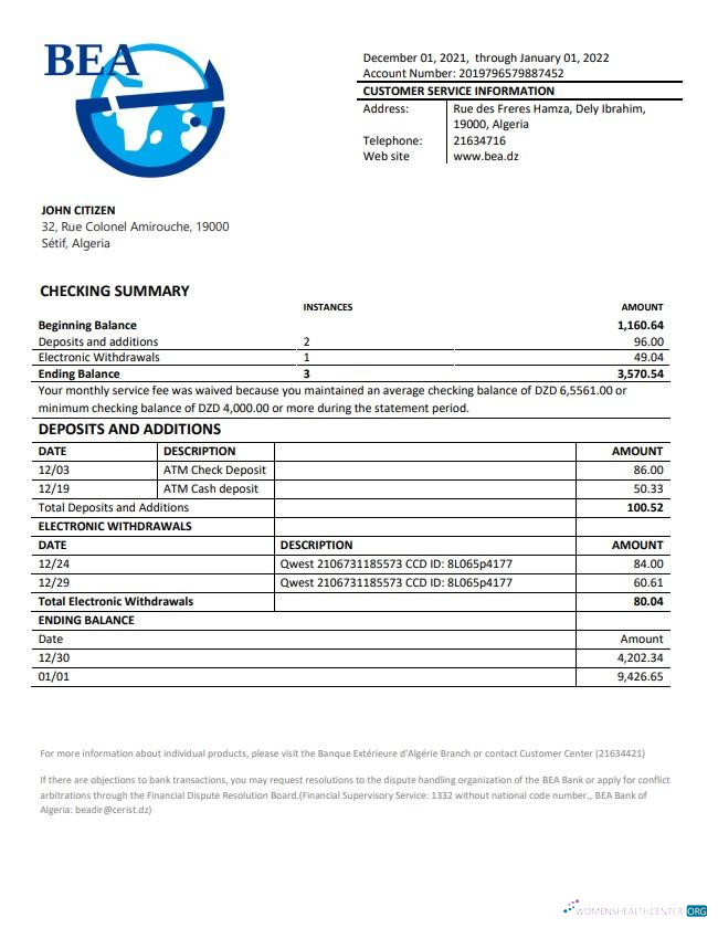 Download Algeria Banque extérieure d'Algérie bank statement Photoshop template
